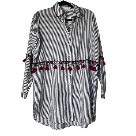 Derhy K Stripped Button Down Shirt with Embroidery and Tassels Boho Small NWT - Picture 1 of 7